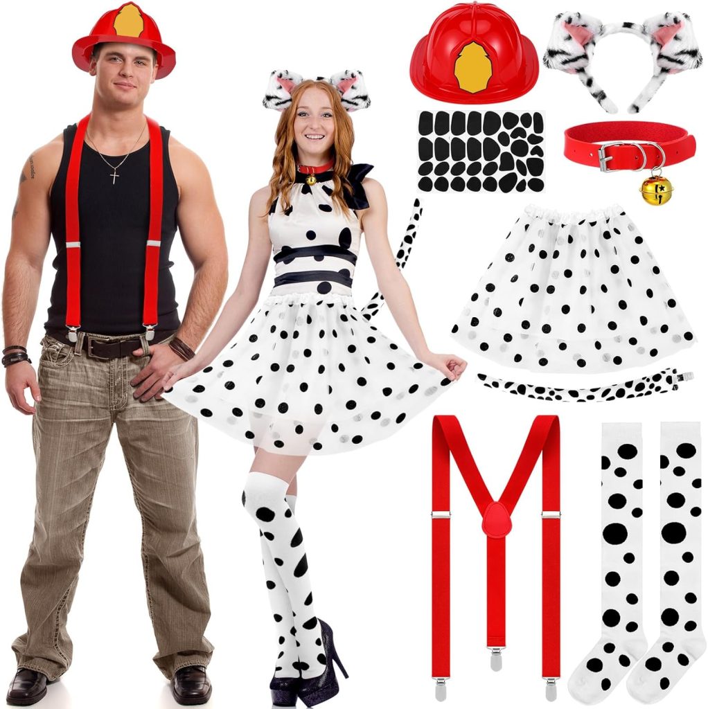 12 Pcs Halloween Couples Costume Kit for Adults Halloween Women Dalmatian Dog Costume Sets Firefighter Costume Mens Fireman Costume for Adult Couple Halloween Cosplay Party