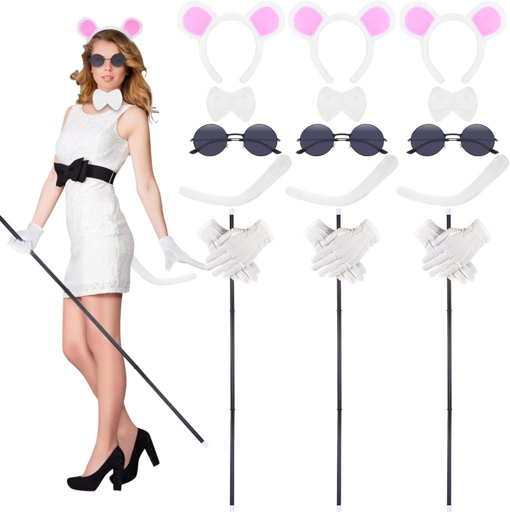 18 Pcs Halloween Mouse Costume Accessories Set, Mouse Headbands Ears Bow Tie Tail Round Sunglasses Blind Cane White Gloves