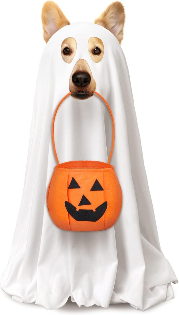 2 Pcs Halloween Dog Costumes with Non Woven Pumpkin Bags White Ghost Costume for Dog Cat Ghost Cosplay Clothes, Cute Party Cape for Halloween Cosplay Party (Medium)