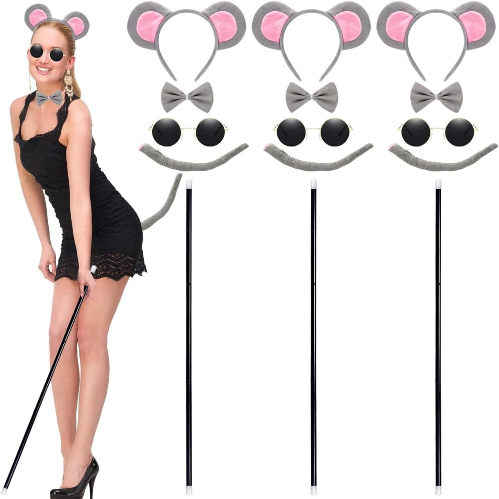 3 Set Halloween Mouse Costume Accessories Mouse Theme Costume Set Mouse Headband Tail Bow Tie Round Sunglasses Blind Cane for Halloween Party Favors Accessories