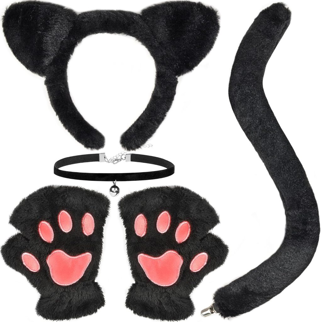 Black Cat Costumes, Cat Ears Headband Cat Tail Cat Paws Gloves Collar Set, Cat Costumes for Women, Halloween Cat Costume Accessories for Adults Girls