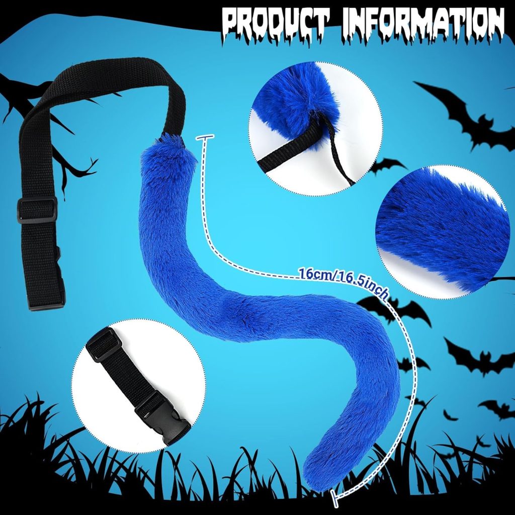 Blue Cat Costume Cat Ears Fur Tail,Blue Sequin Tutu Bowtie Cat Sunglasses Accessories Set for Halloween Party Dress Up