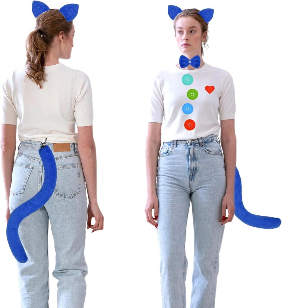 Blue Cat Ears Headband and Tail Bowtie Set with 6 Button Patches 1 Heart Patch Felt Stickers, Cat Costume Accessories for Story Book Day Dress Up, Halloween Party Cosplay Costume