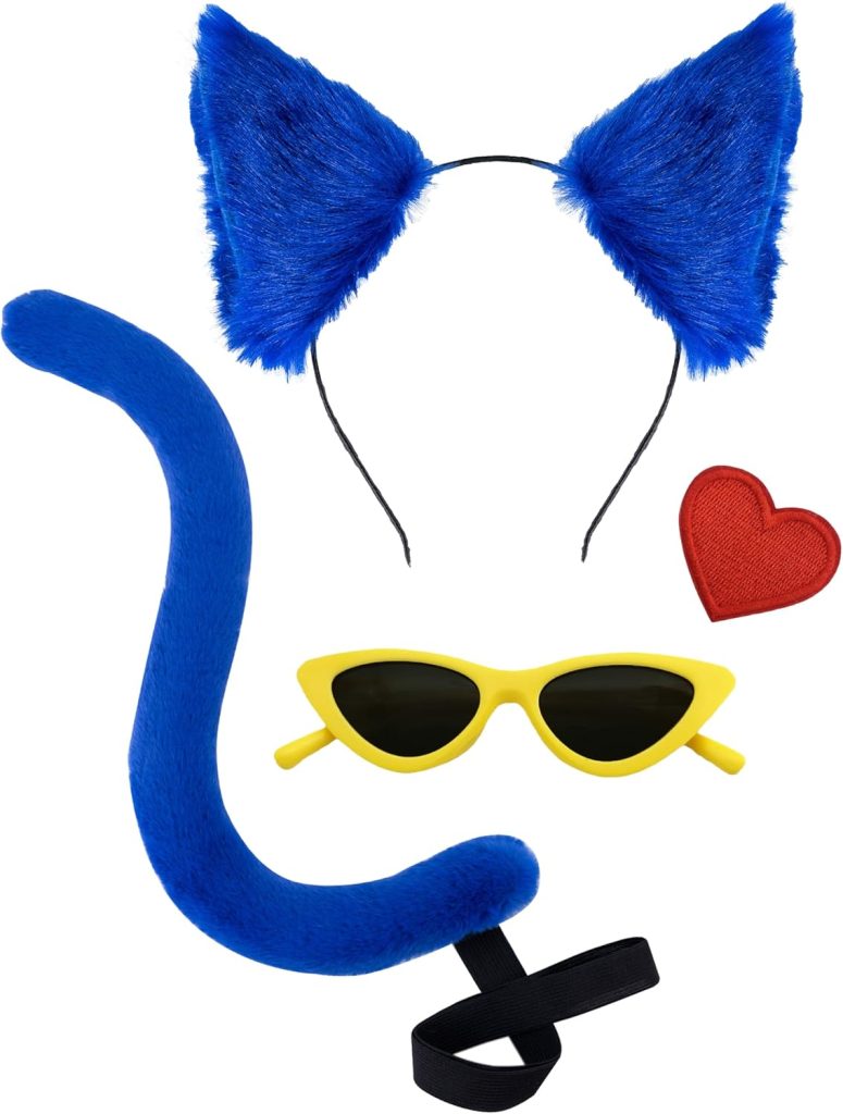 Blue Cat Ears Headband Cat Tail Set Yellow Glasses Heart Sticker Adult Christmas Halloween Costume Party Accessories