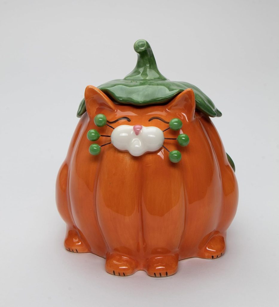 Cosmos Gifts Fine Ceramic Whisker Cat Pumpkin Cat Candy Box by Amy Lacombe