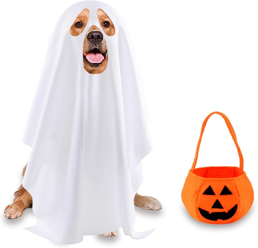 Dog Ghost Costume, Dog Halloween Costumes White Ghost Dog Costume Pumpkin Candy Bag Funny Dog Costumes for Small Medium Large Dogs Pets (Large)