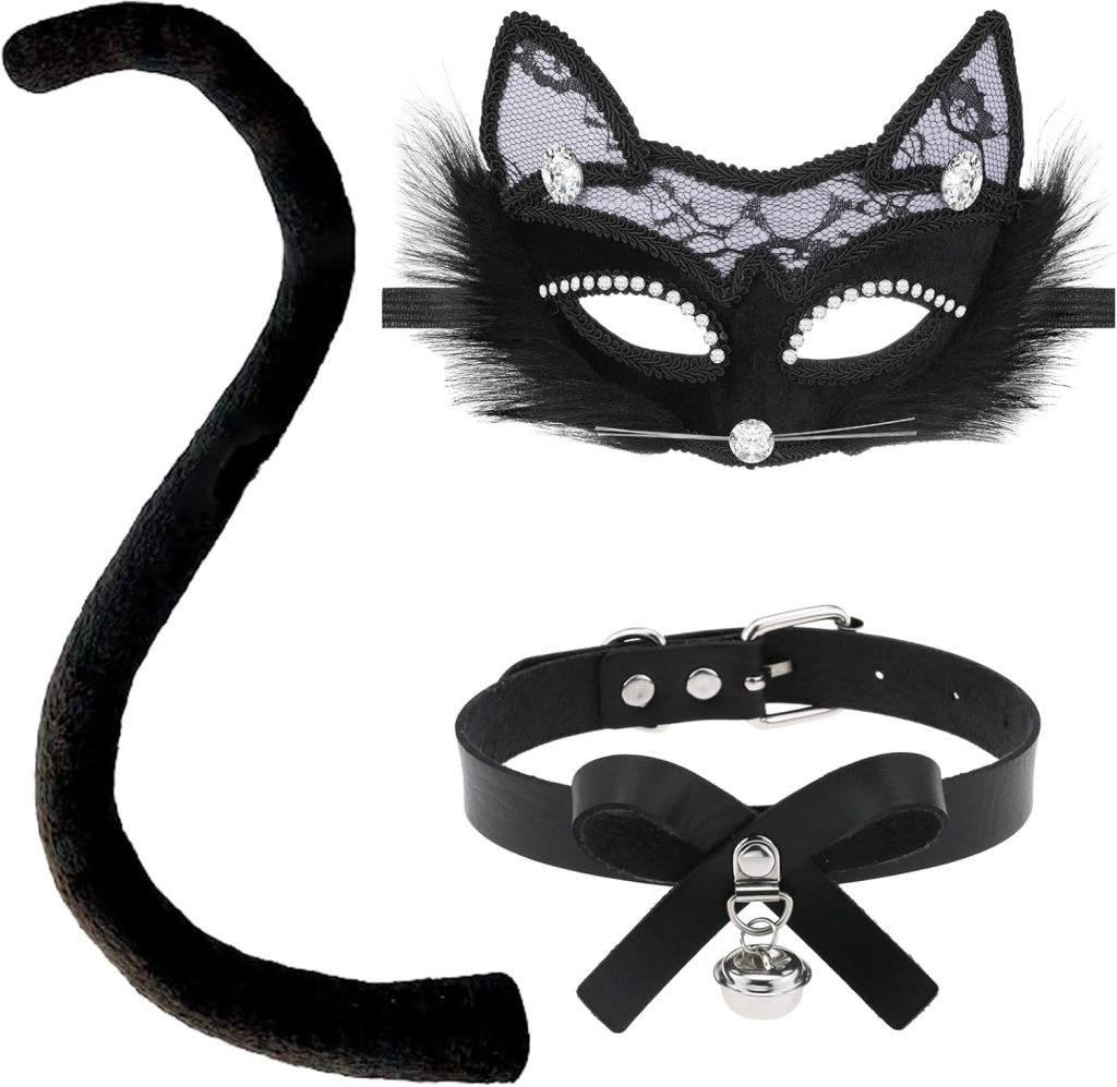 Halloween Black Cat Cosplay,Black Cat costume Set Cat Lace Masquerade Mask and Necklace and Tail for Adults Party Fancy Dress