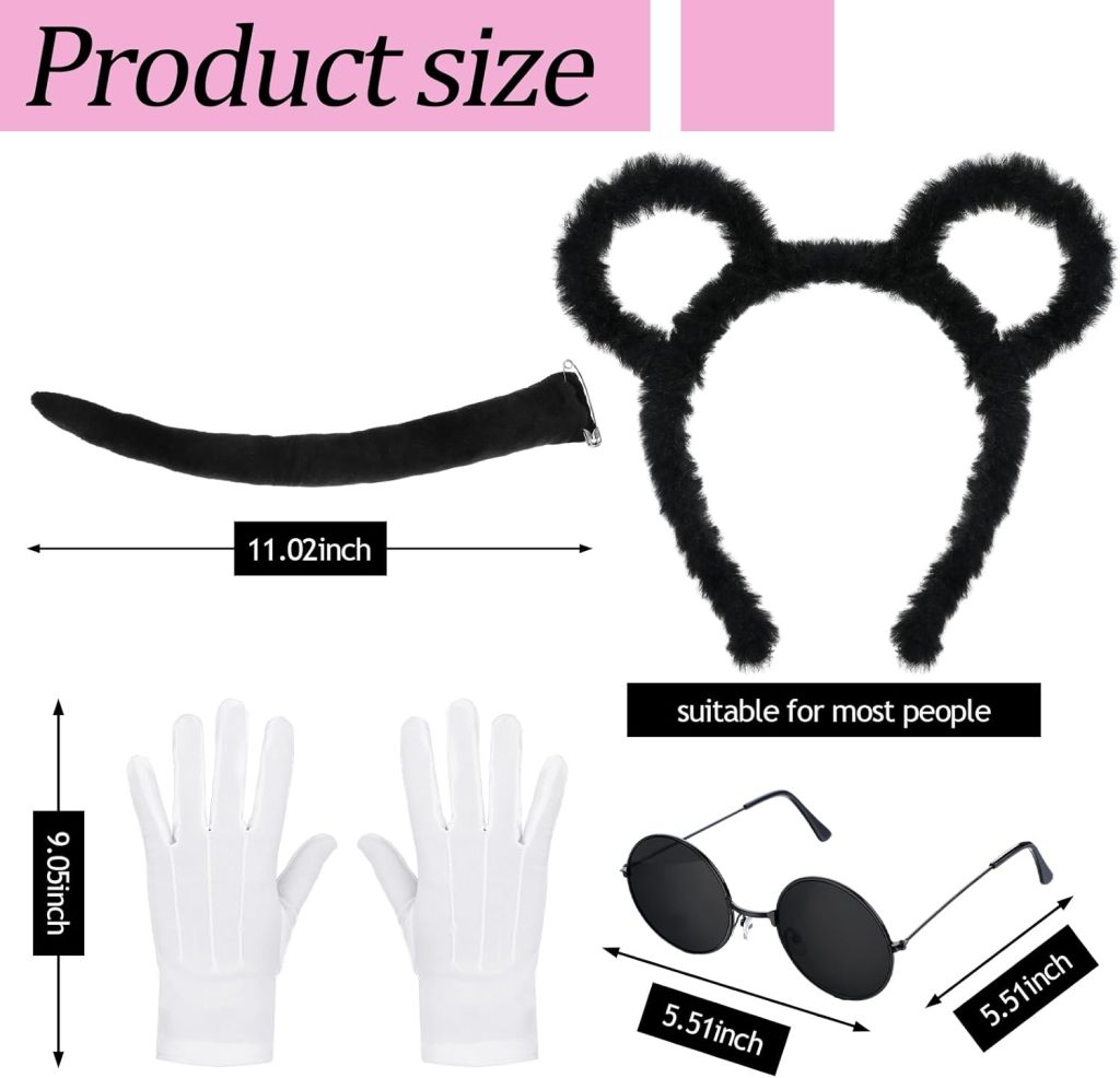 Karenhi 18 Pcs Halloween Mouse Costume Accessories Set Mouse Headbands Ears Bow Tie Tail Sunglasses Blind Cane White Gloves