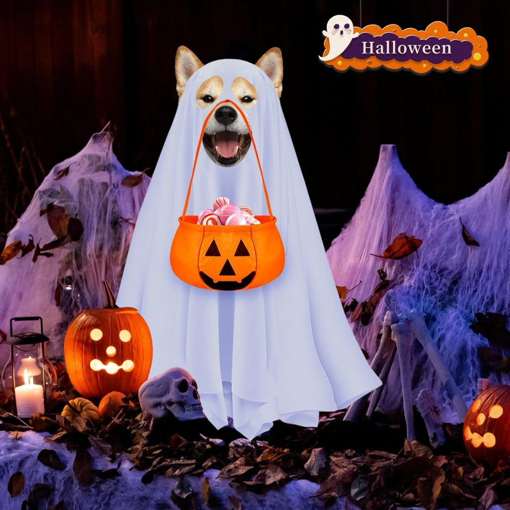 KEEBAX Halloween Ghost Costume for Dogs Cosplay: Clothes Pet White Sheet Ghost Cloak Includes Pumpkin Candy Buckets for Medium Large Dogs for Pet Halloween Spooky Trick Or Treating Cosplay Party