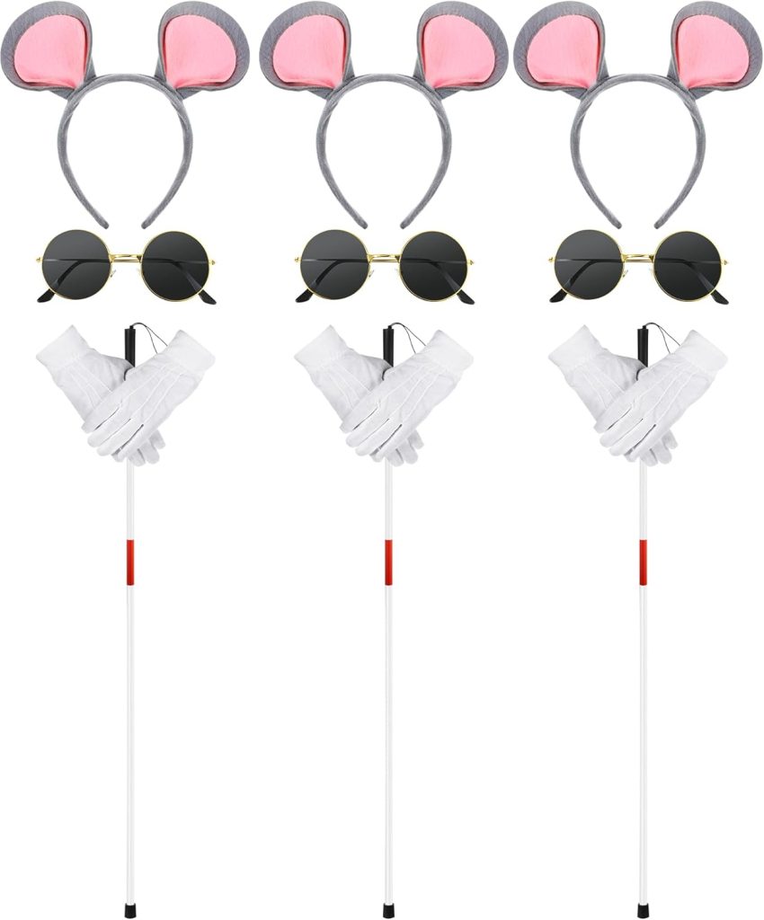 Liitrsh 12 Pcs Halloween Mouse Costume Accessories Set, Mouse Headbands Round Sunglasses Folding Blind Cane White Gloves