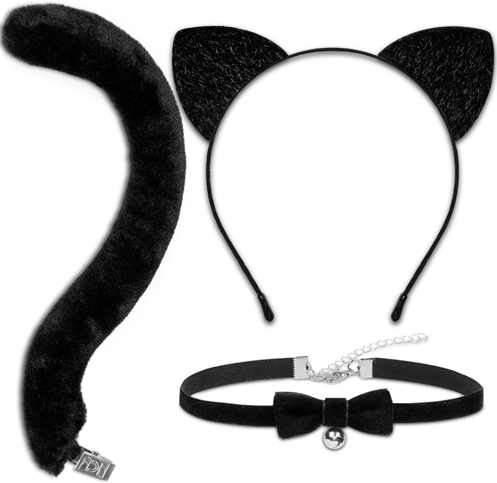 MUKOSEL Cat Ears Headband and Tail Bell Collar Set, Cat Costumes for Women Girls Black Cat Ears and Tail Set, Cat Costume Accessories Halloween Party Cosplay Costumes Set for Adults Women Girls