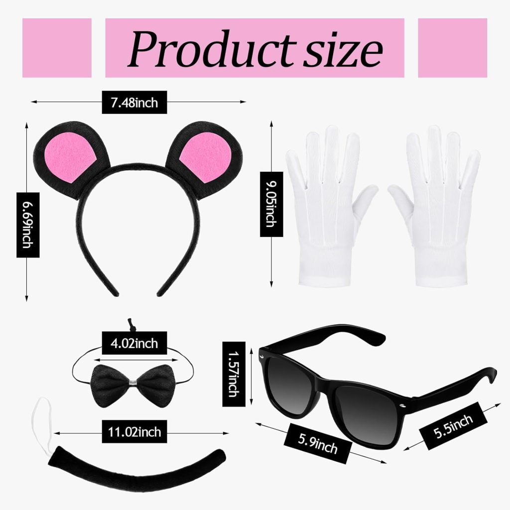 Neer 18 Pcs Halloween Mouse Costume Accessories Mouse Headband Bow Tie Choker Ears Dark Sunglasses Black Can and Mouse Tail