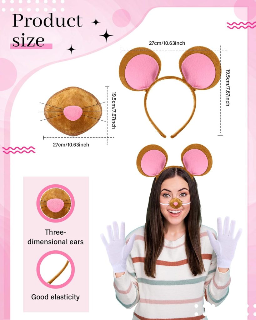 Yunlly 5 PCS Halloween Mouse Costume Accessories Set Folding Blind Cane Pink Mouse Headband Nose White Gloves Round Glasses