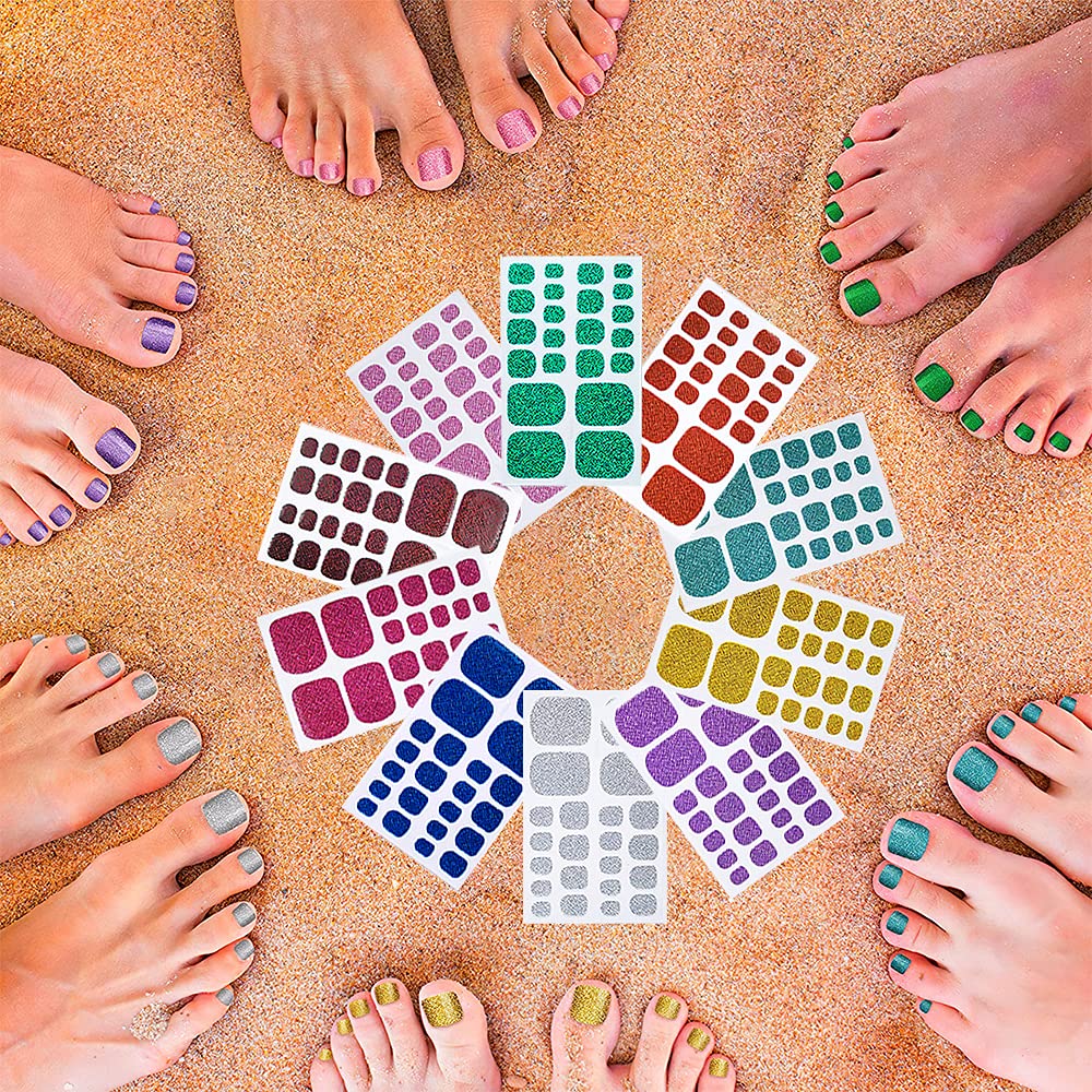 10 Sheets Toe Nail Polish Stickers Glitter Toenail Nail Polish Strips Decals Full Wraps Self Adhesive Toe Nail Tip Full Toe Nail Wraps for Women Girls DIY Nail Decor Art