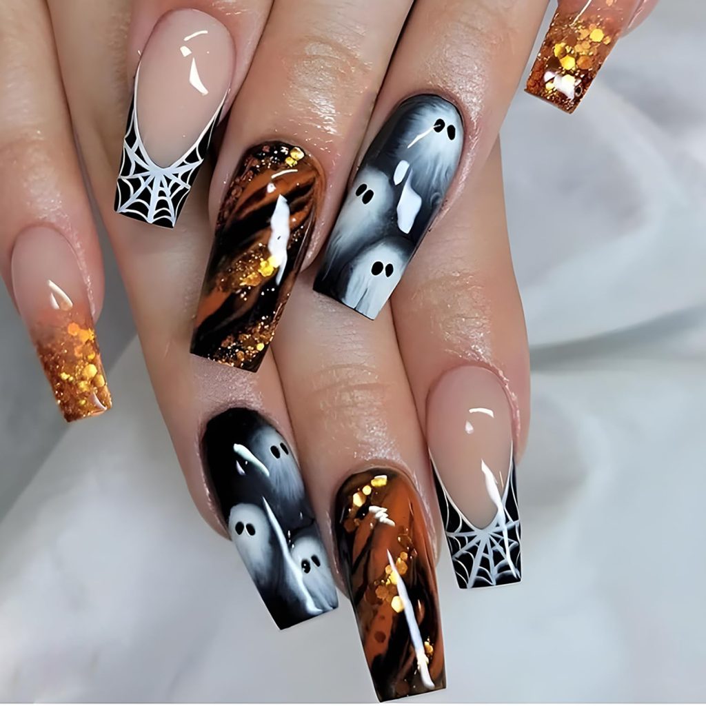 24Pcs Halloween Spider Web Press on Nails Long Length Ghost False Nails with Gold Sequins Design Square Acrylic Nails Full Cover Glossy Coffin Nails Reusable Glue on Nails for Women Festival Nails