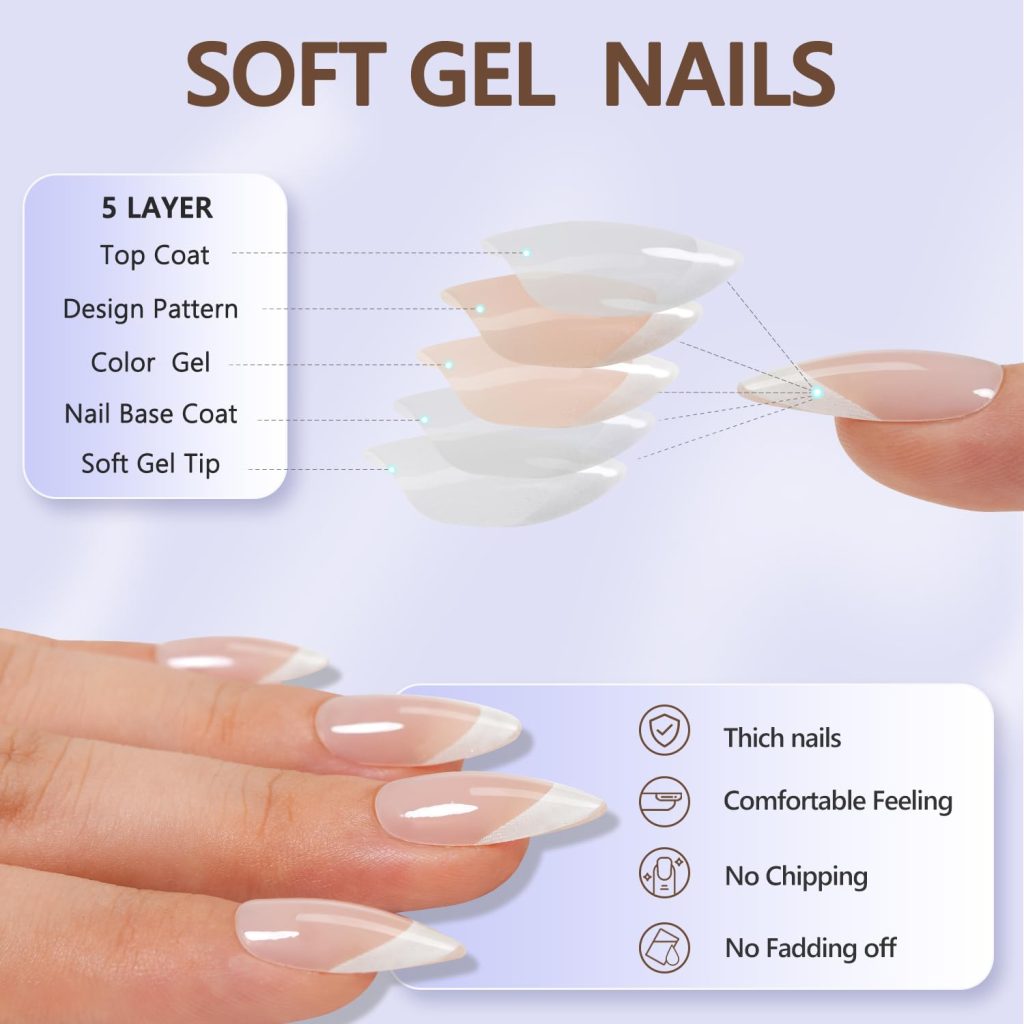 6 Packs Press On Nails Almond, Misssix French Tip Press On Nails Short, Reusable Glue On Nails, Gel Fake Nails for Women, Stick On Nails Kit 15 Sizes-6 styles in total