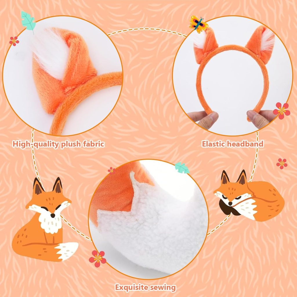 Animal Fox Costume Set,Fox Ears and Tail Set with Fox Headband Fox Tail Fox Mask for Animal Costume Cosplay World Book Day Birthday Party Accessories Halloween Costume Fancy Dress Party Supplies