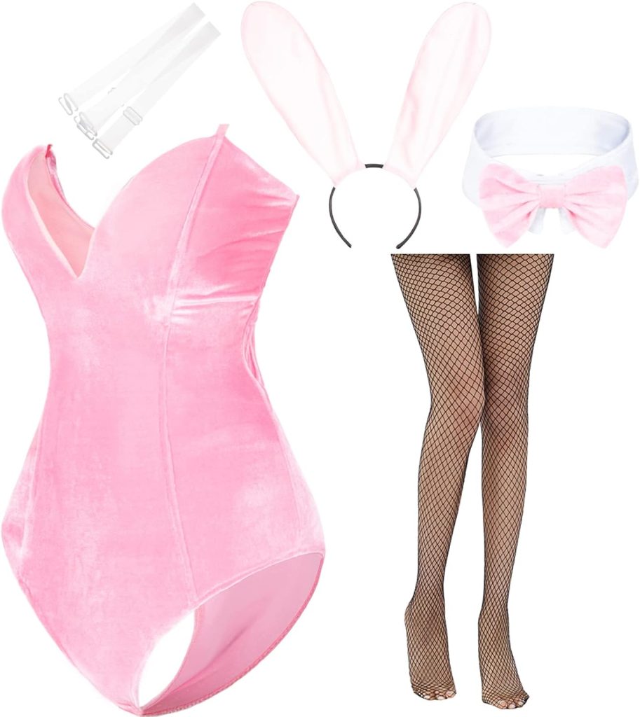 Anime Womens Bunny Costume Girl Suit One Piece Bodysuit Halloween Cosplay Catsuit Bunny Headband Stockings Set