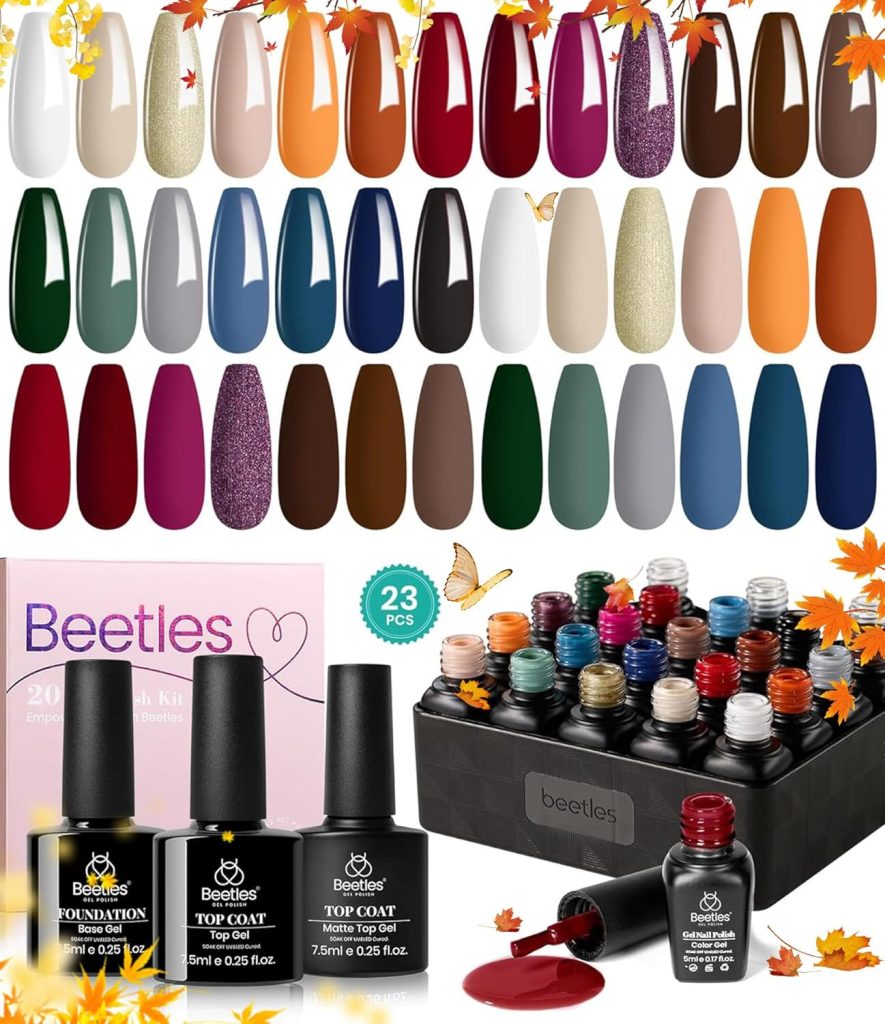 Beetles 23 Pcs Gel Nail Polish Kit 20 Fall Colors Glowing Attraction Collection Orange Burgundy Red Purple Gel Polish Set Gray Blue Green Soak Off Uv Nail Lamp Base Top Coat Gifts for Women