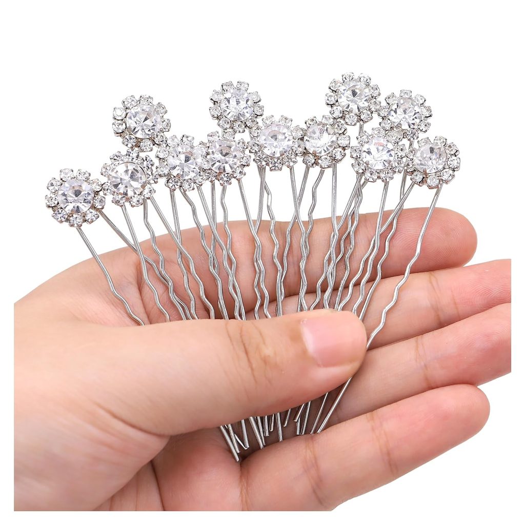 Crystal Bridal Hair Pins Clips Wedding Hair Accessories Hair Set Jewelry With Rhinestone For Brides and Bridesmaids Set Of 12 (Silver)