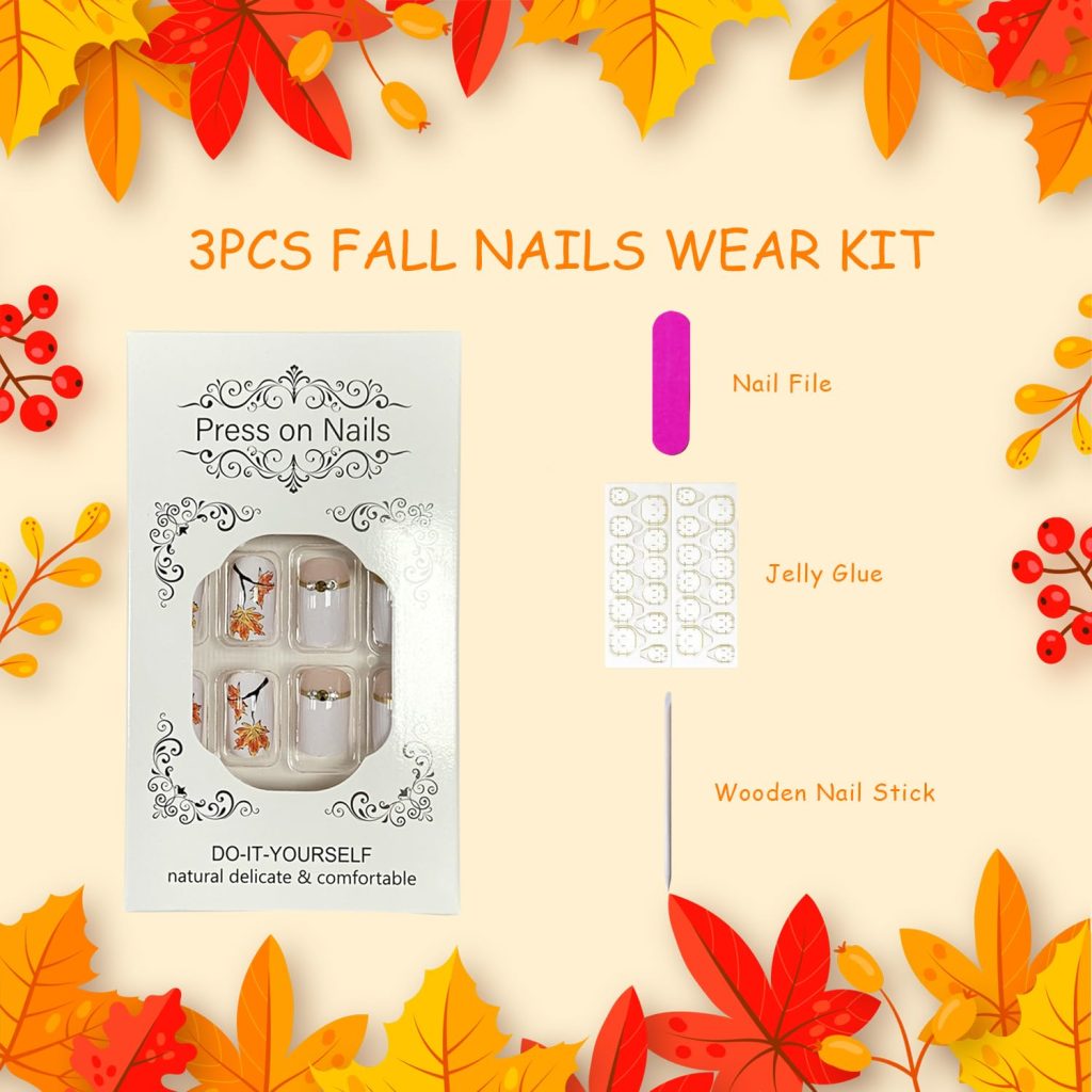 Fall Maple Leaf Press on Nails Short Square Fake Nails With Designs Thanksgiving False Nails Full Cover Stick on Nails Acrylic Autumn Maple Leaves Artificial Nails for Women 24 Pcs