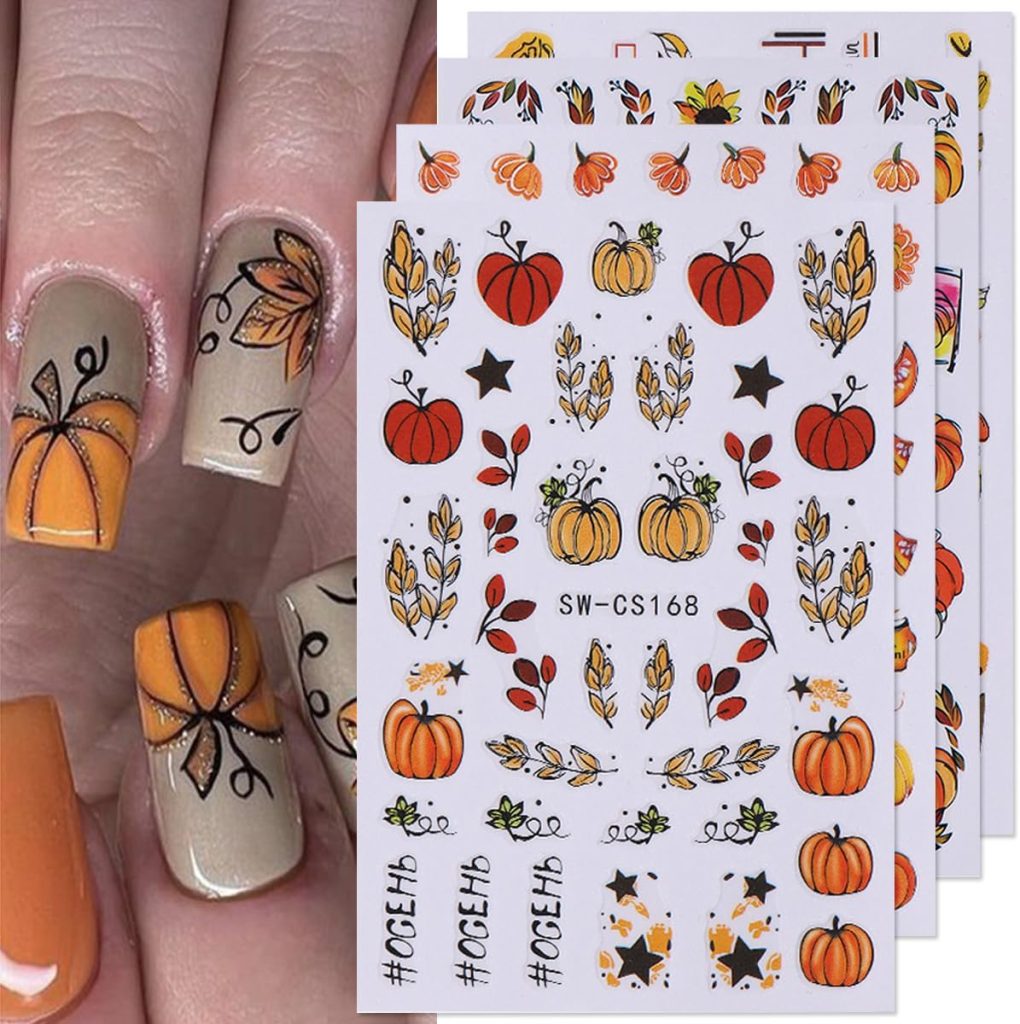 Fall Nail Art Stickers Decals Autumn Pumpkin Nail Decals 8PCS 3D Self-Adhesive Fall Leaf Floral Pumpkin Design Manicure Sliders Nail Art Supplies Fall Sticker for Women Girls DIY Nail Art Decorations