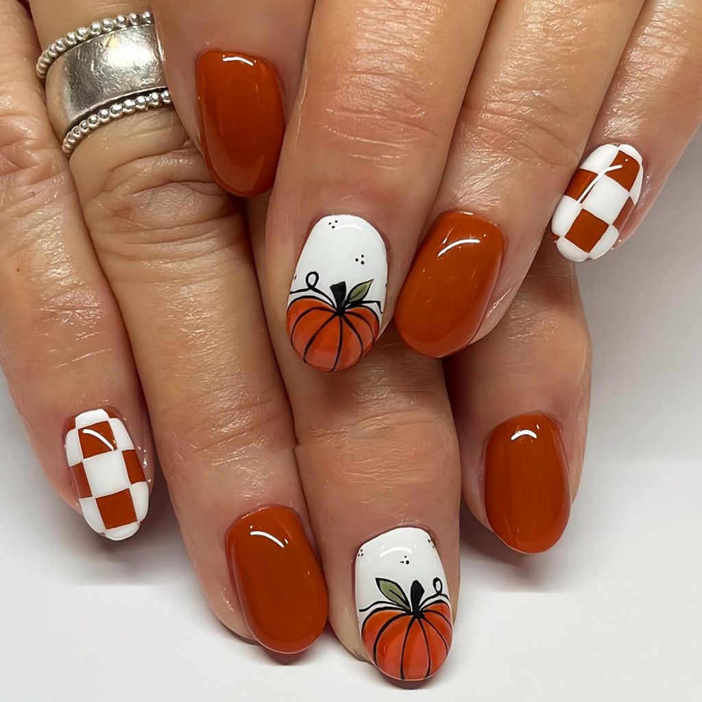 Fall Press On Nails Short Square, Thanksgiving Fake Nails Autumn Pumpkin Plaid Designs, Stick Glue On Nails Fall Thanksgiving Nail Accessories for Women Girls 24Pcs