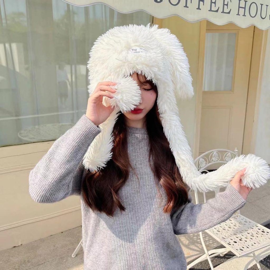 Faux Fur Bunny Beanie Hats for Women Cute Rabbit Beanie Winter Cap Mom Kids Warm Skull Cap Y2K Slouchy Hat