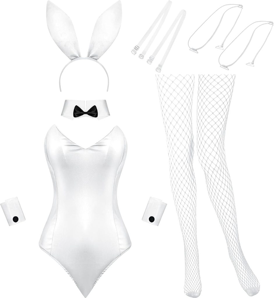 Geyoga Halloween Anime Women Bunny Costume Bunny Outfit Halloween Cosplay Bodysuit Role Costume Bunny Headband Stocking Set