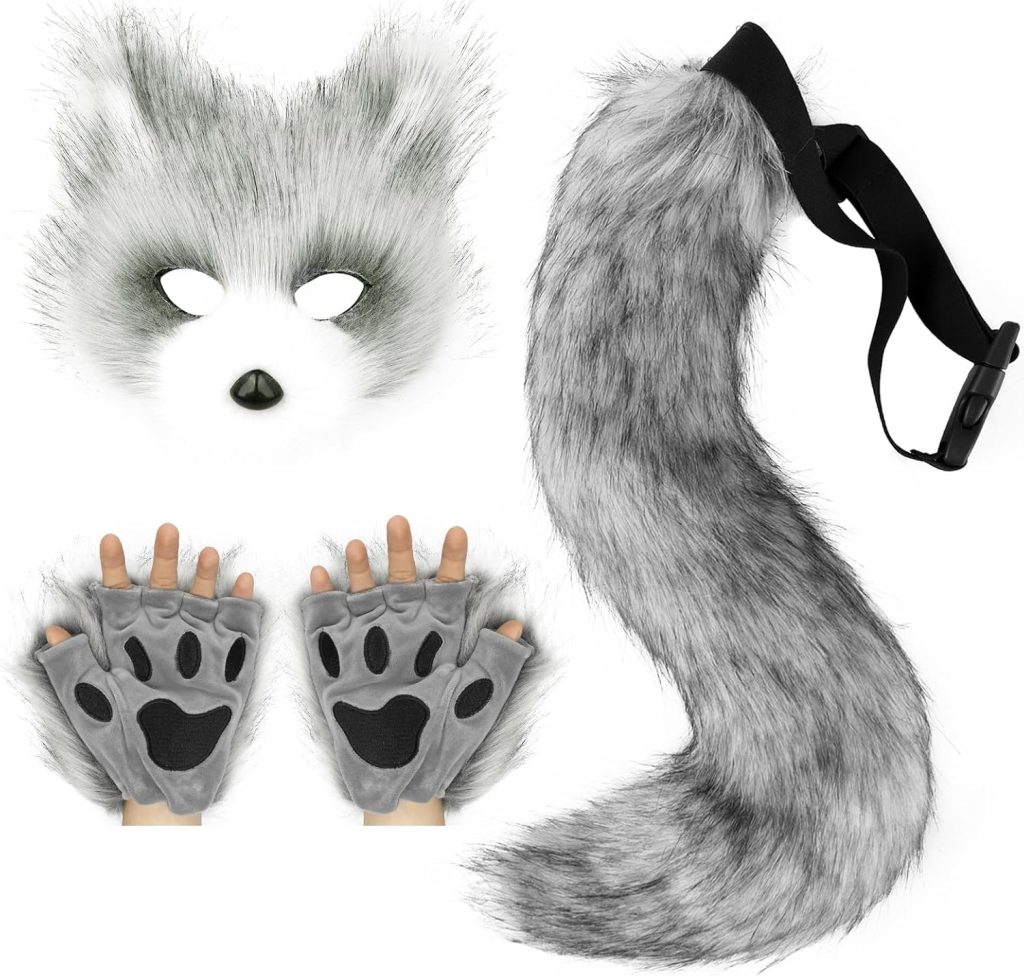 HAOAN Furry Fox Mask Wolf Fox Tail and Paw Gloves Set Adult Cat Halloween Mask Cosplay Animal Party Costume