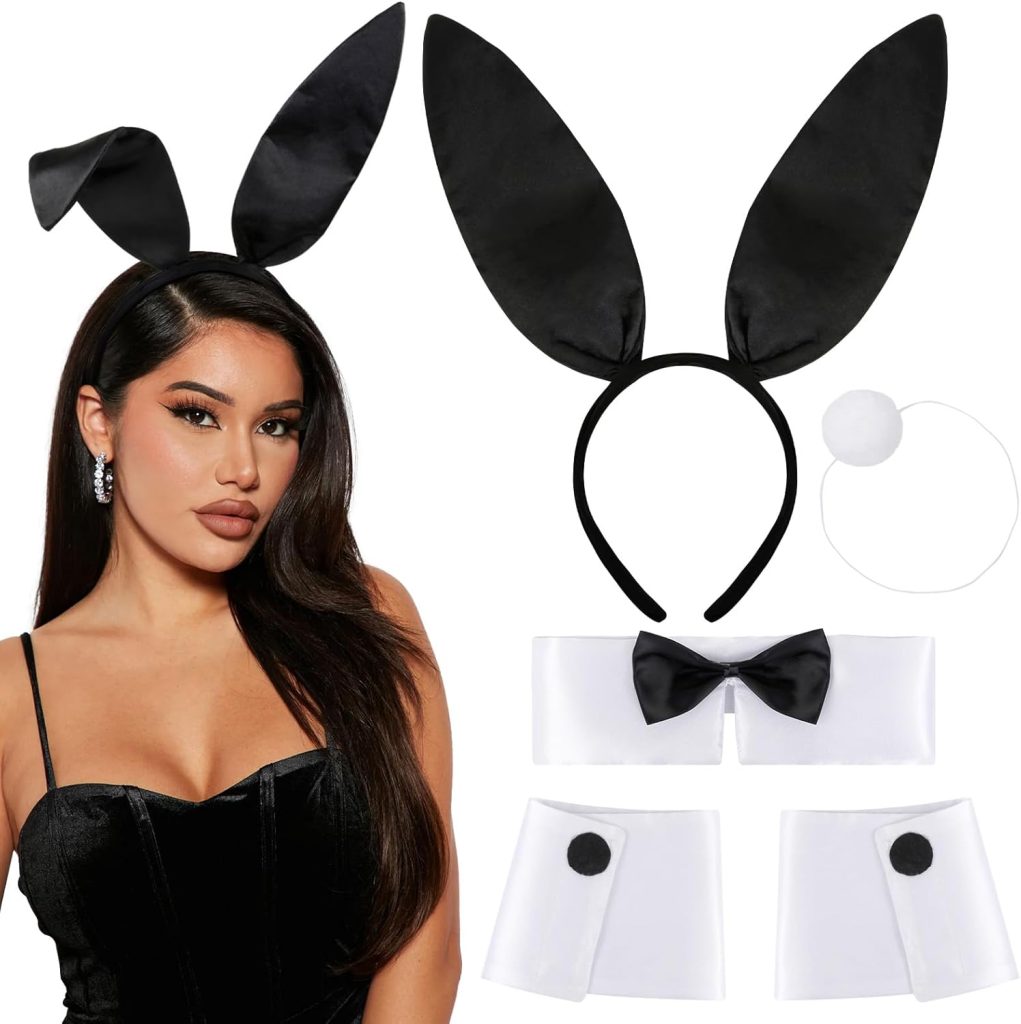 Huachi Sexy Bunny Costume Set, Womens Bunny Ears and Tail Set Bow Tie Collar Cuffs, Party Halloween Bunny Ears Costume Adult