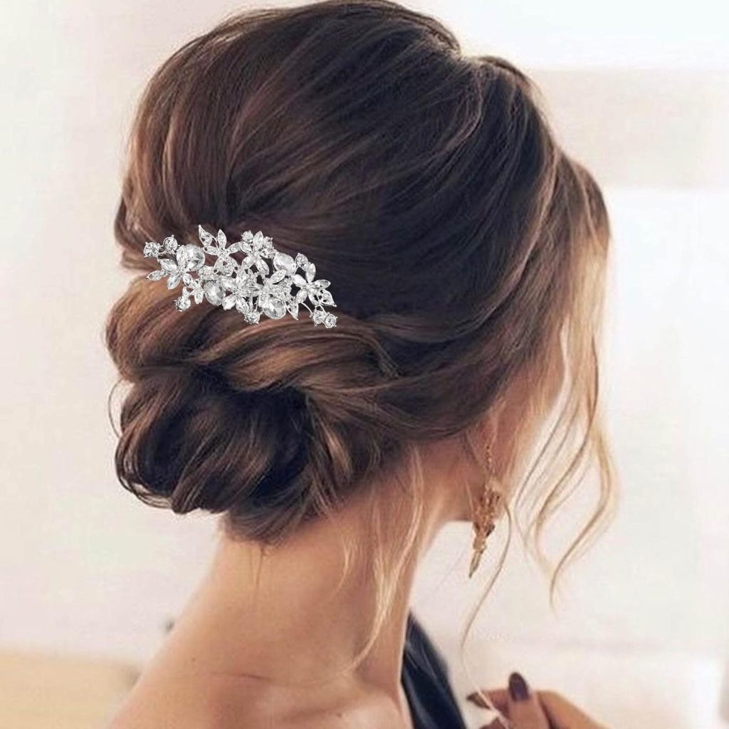 Olbye Wedding Hair Comb Rhinestone Bridal Pieces Flower Silver Crystal Headpiece for Bridesmaids and Brides (Silver)