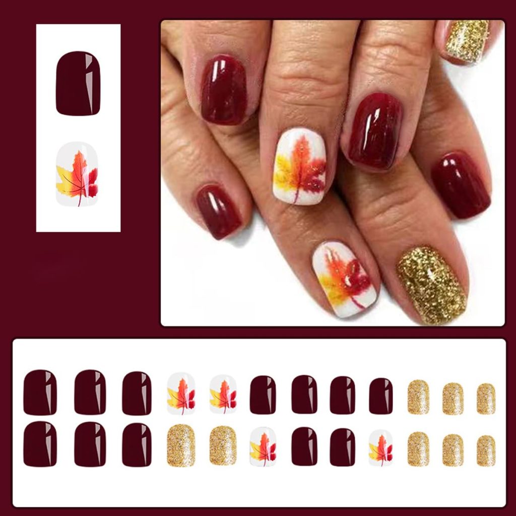 Thanksgiving Fall Press on Nails Medium Square Fake Nails Maple Leaf Orange Glitter Plaid Acrylic Nails Press ons Cute Autumn Leaves Design Full Cover Fall Coffin False Nails Stick on Nails for Women