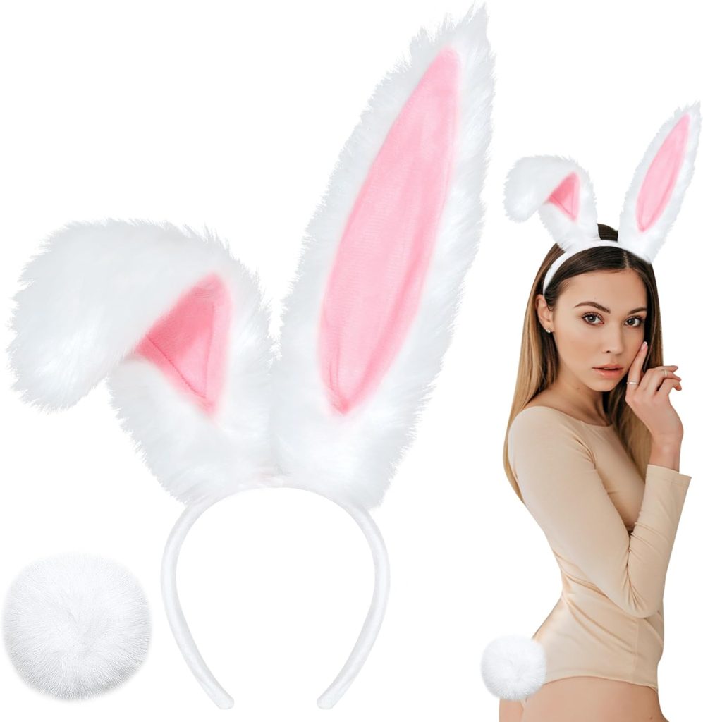 U-Goforst White Bunny Ears Headbands and Tail, Long Furry Rabbit Ear Headband, Halloween Party Cosplay Headwear Bunny Ears Costume Hair Accessories for Adult Women