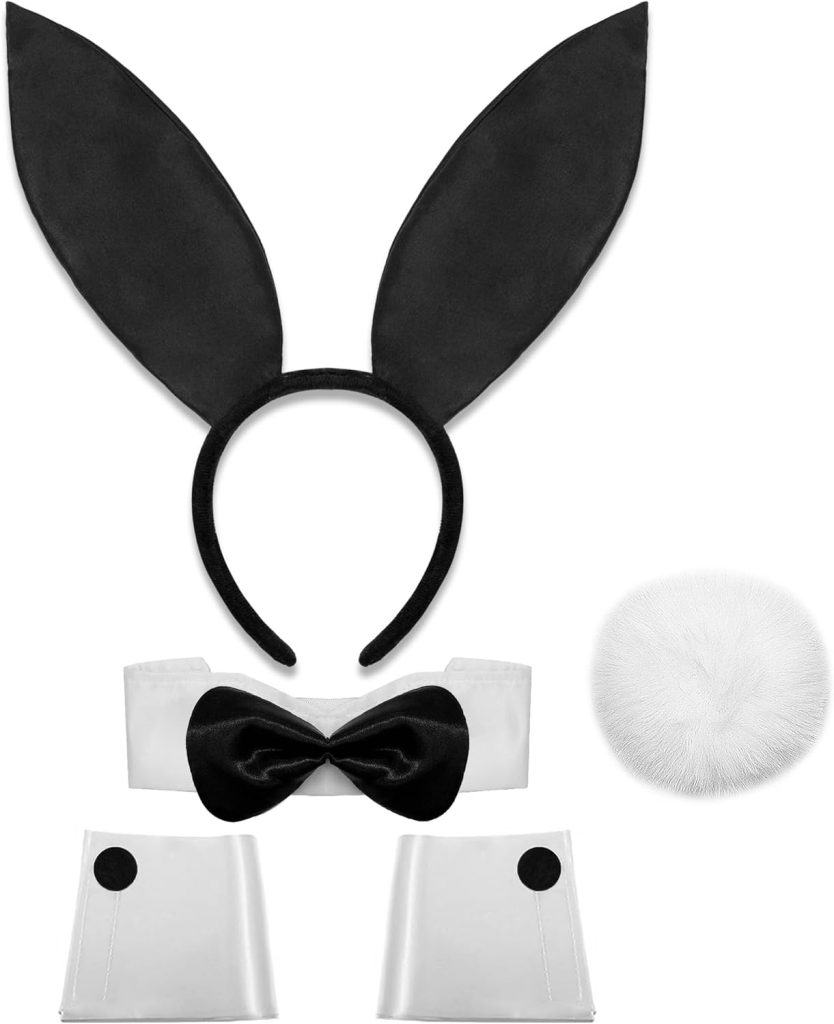 U-Goforst Women Bunny Costume Accessories Set, White and Black Bunny Ears Headband Collar Bow Tie Costume Cuffs Rabbit Tail for Adult Halloween Party