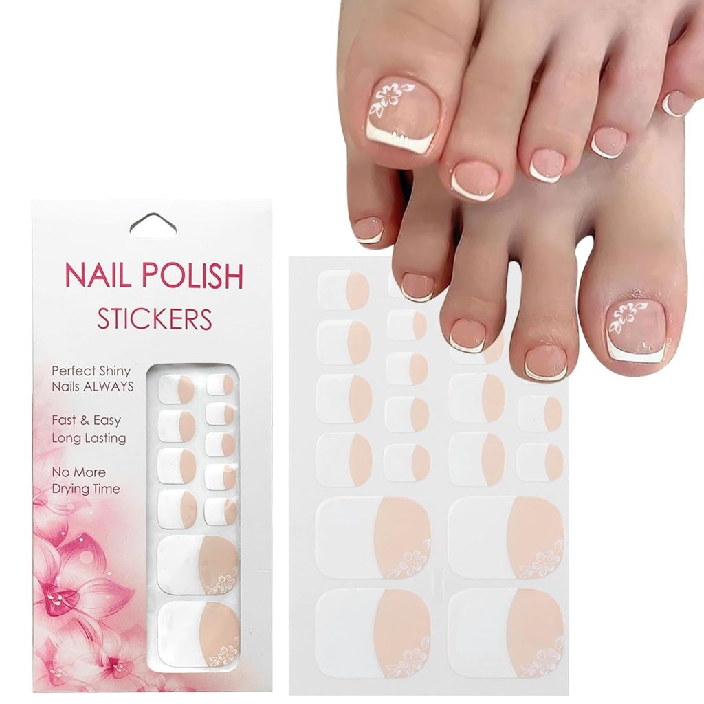 VOTACOS Nail Polish Strips for Toes, No UV Needed, Toe Nail Stickers White Flower French Toenail Gel Nail Strips Pedicure Full Nail Wraps for Women with 1 Wooden Stick, 1 Nail File  2 Prep Pad