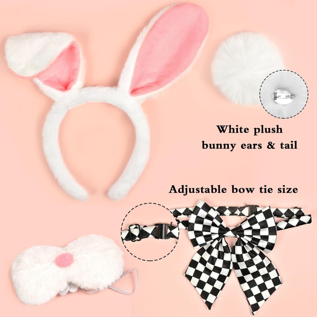 White Rabbit Costume Set, White Rabbit Bunny Ears Headband, Bunny Tail, Nose, Bow Tie, Gloves  Pocket Watch Set, White Rabbit Bunny Costume Accessories for Women Men Halloween Cosplay Dress Up