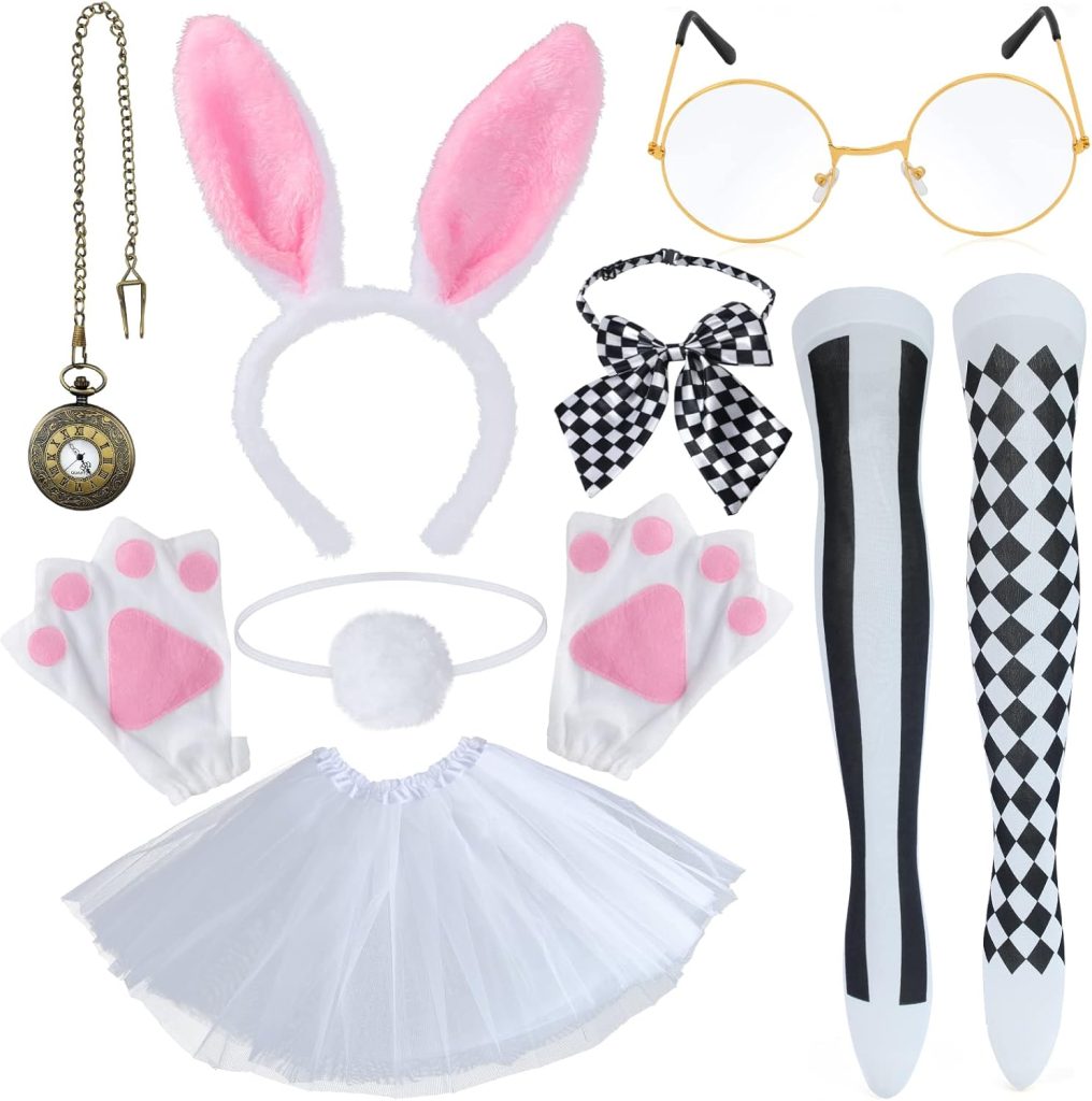 Yewong Easter White Rabbit Costume Bunny Dress Up Accessory Kit Include Headband Clock Bowtie Tail Tutu Gloves Socks Glasses