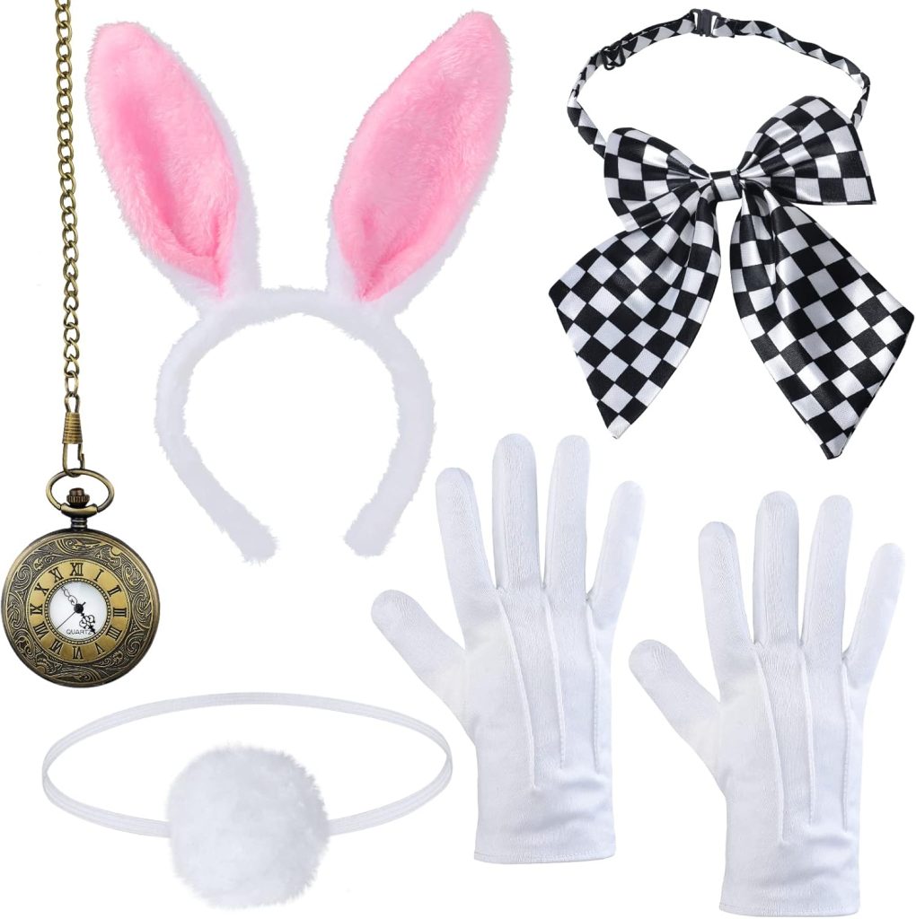 Yewong Easter White Rabbit Costume Bunny Dress Up Accessory Kit Include Headband Clock Necklace Tail Bowtie Nose