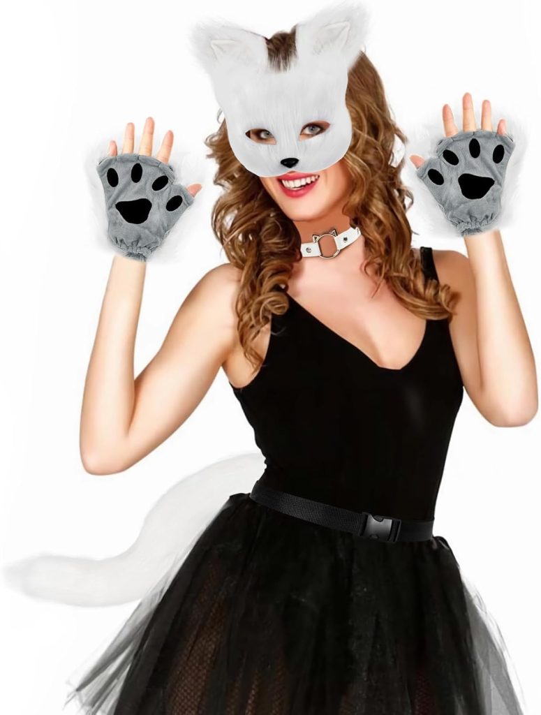 Yinhua Therian Mask and Tail Kit Faux Furrfy Fox Mask Cat Paws Gloves and Ears for Kid  Adult Halloween Cosplay Party